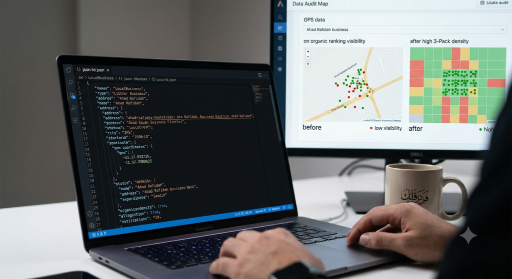 A close-up of a laptop screen displaying technical JSON-LD Schema markup code for a local business in Ahad Rafidah, alongside a data visualization map showing improved Google Maps rankings after optimization.
