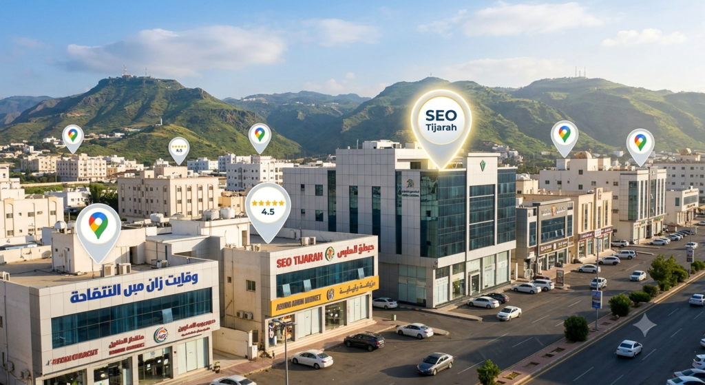 A view of the bustling commercial center of Abha, Saudi Arabia, during daytime, with Google Maps-style location pins overlaid on several prominent business buildings. One large, glowing pin in the foreground is clearly labeled 'SEO Tijarah,' signifying local search dominance. The beautiful green Asir mountains provide a scenic backdrop, mixing urban commerce with regional identity.