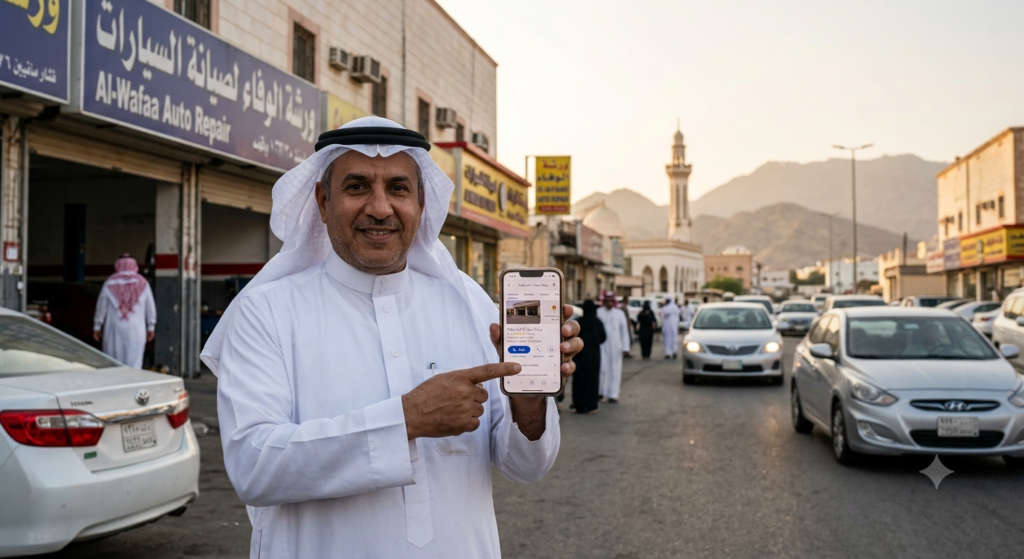 A local business owner in Ahad Rafidah, Saudi Arabia, smiling while pointing to his workshop’s #1 ranking on the Google Maps app, symbolizing organic local SEO success without paid ads.