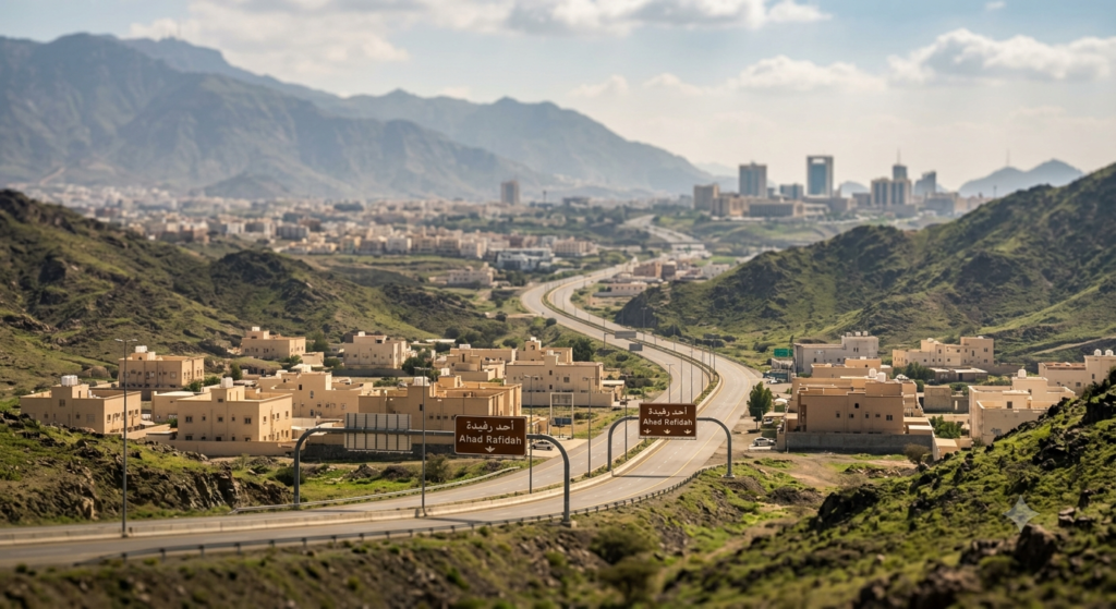 A wide-angle landscape photo in the Asir Region, showing Highway 15 connecting the town of Ahad Rafidah (foreground) with distant views of Khamis Mushait and Abha, illustrating the geographic connectivity crucial for a regional Local SEO strategy.