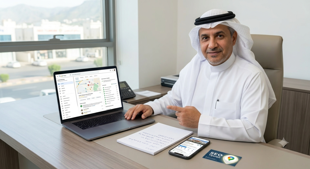 A medium shot photo of a Saudi local SEO expert, middle-aged and wearing a traditional white thobe and ghutra, seated at a desk in a bright office in Abha. He is pointing at a laptop screen displaying an optimized Google Maps business dashboard with glowing positive reviews. On the desk are handwritten Arabic notes and an "SEO Tijarah" business card with the large pin logo, establishing authority and local expertise. A window in the background shows a blurred city view. The lighting is soft and natural, conveying competence and trust.